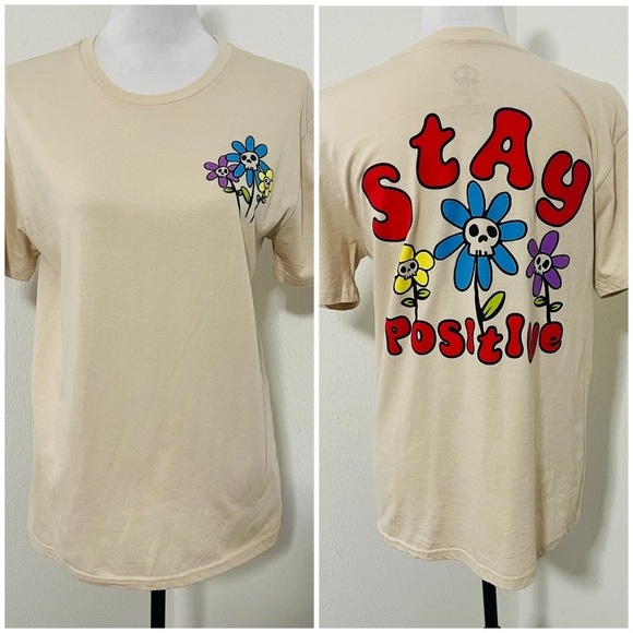 Peace of Mind Unisex Medium “Stay Positive” Colorful Everyday Shirt Beige & Red - Picture 1 of 6